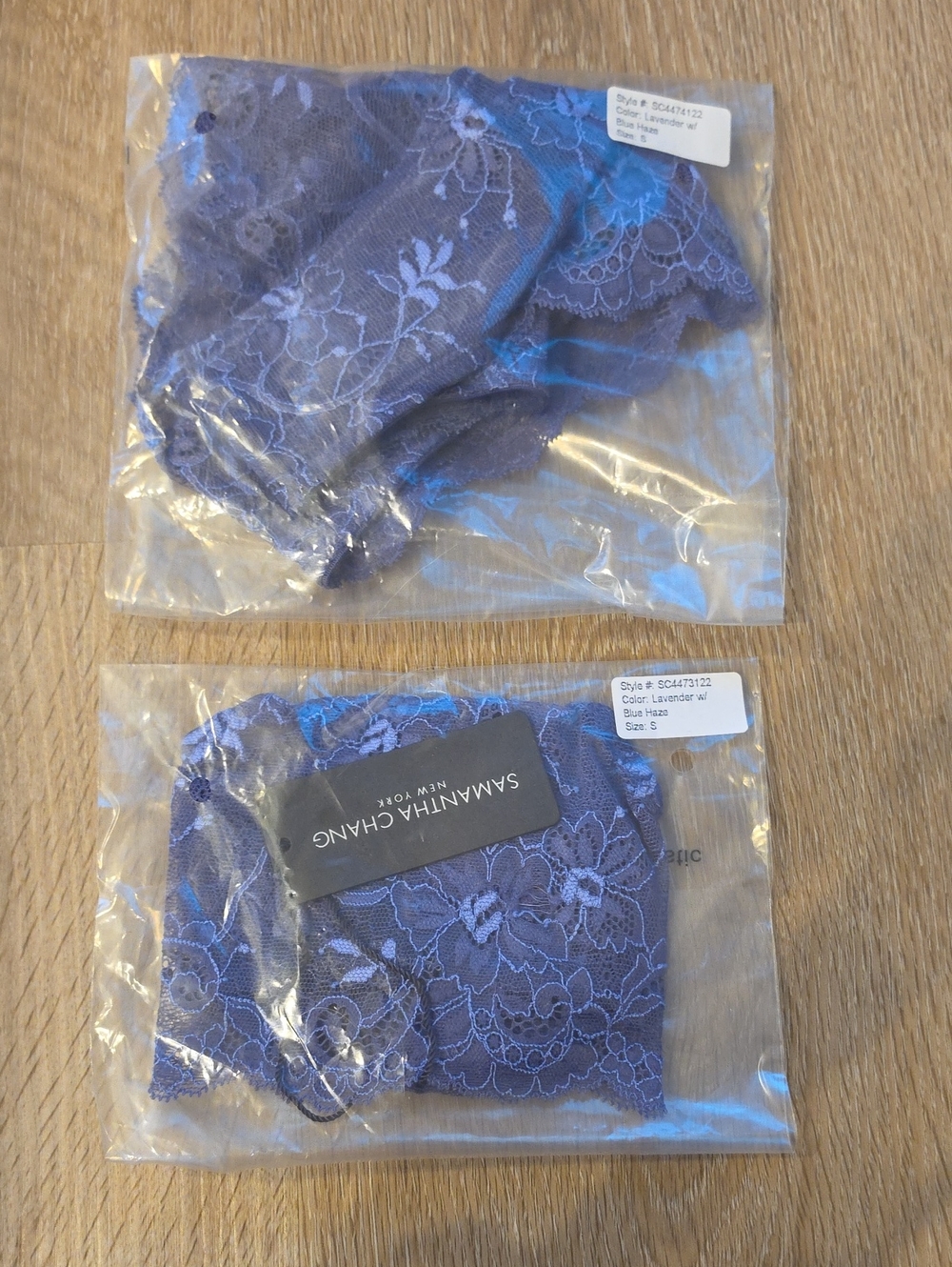 NWT Two Samantha Chang Lavender-Blue Floral Lace Thongs Small